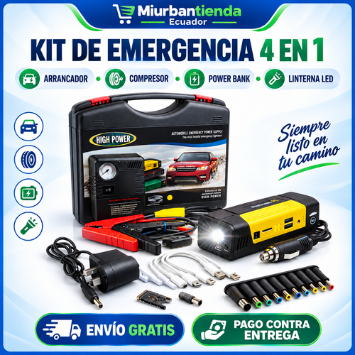 Kit de emergencia 4 en 1 Miurbantienda Ecuador con arrancador, compresor, power bank y linterna LED